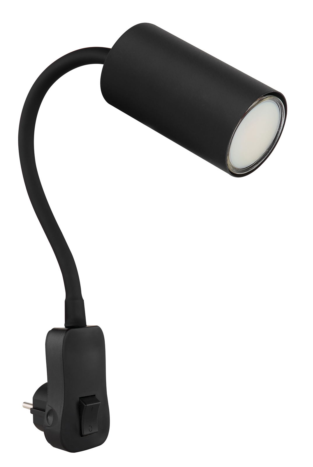 Schwarze Wandleuchte mit flexiblem Arm und Schalter, seitliche Perspektive