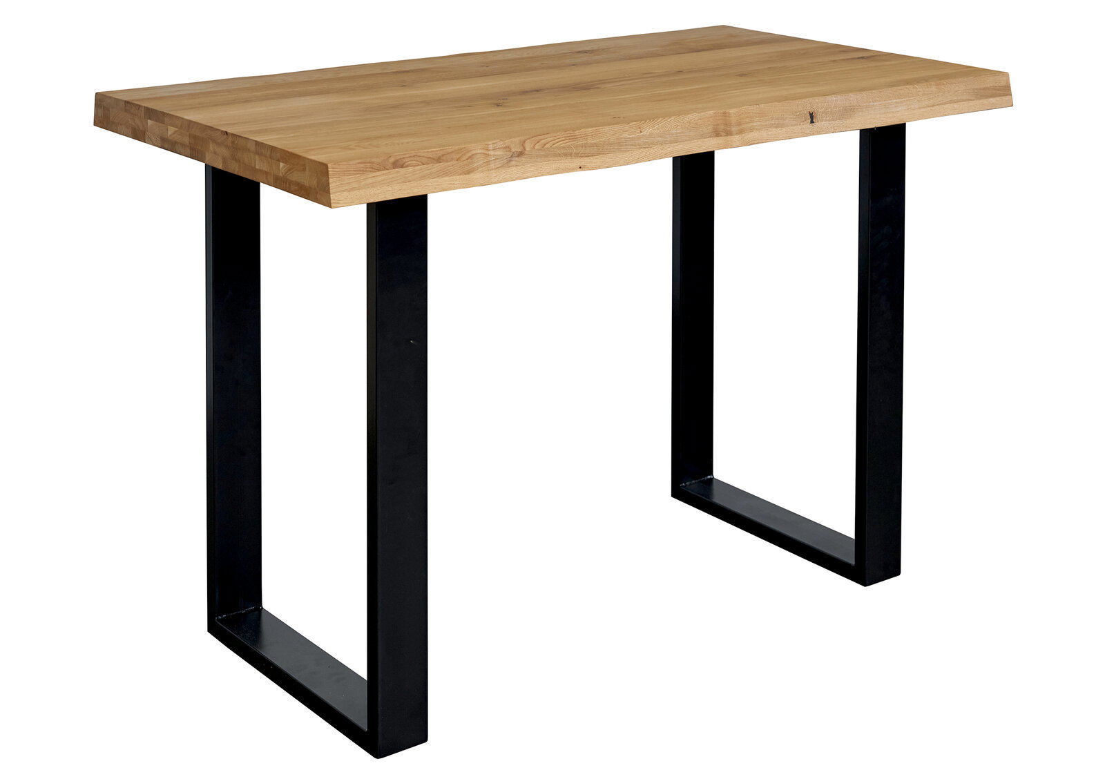 Massiver Holztisch mit naturfarbener Tischplatte und schwarzen U-förmigen Metallbeinen, freigestellt auf weißem Hintergrund, in schräger Frontansicht von oben