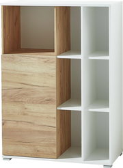 Moderner Aktenschrank mit Holz- und Weißoptik, frontal abgebildet, mit offenen und geschlossenen Fächern.