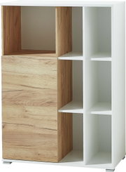 Moderner Aktenschrank mit Holz- und Weißoptik, frontal abgebildet, mit offenen und geschlossenen Fächern.