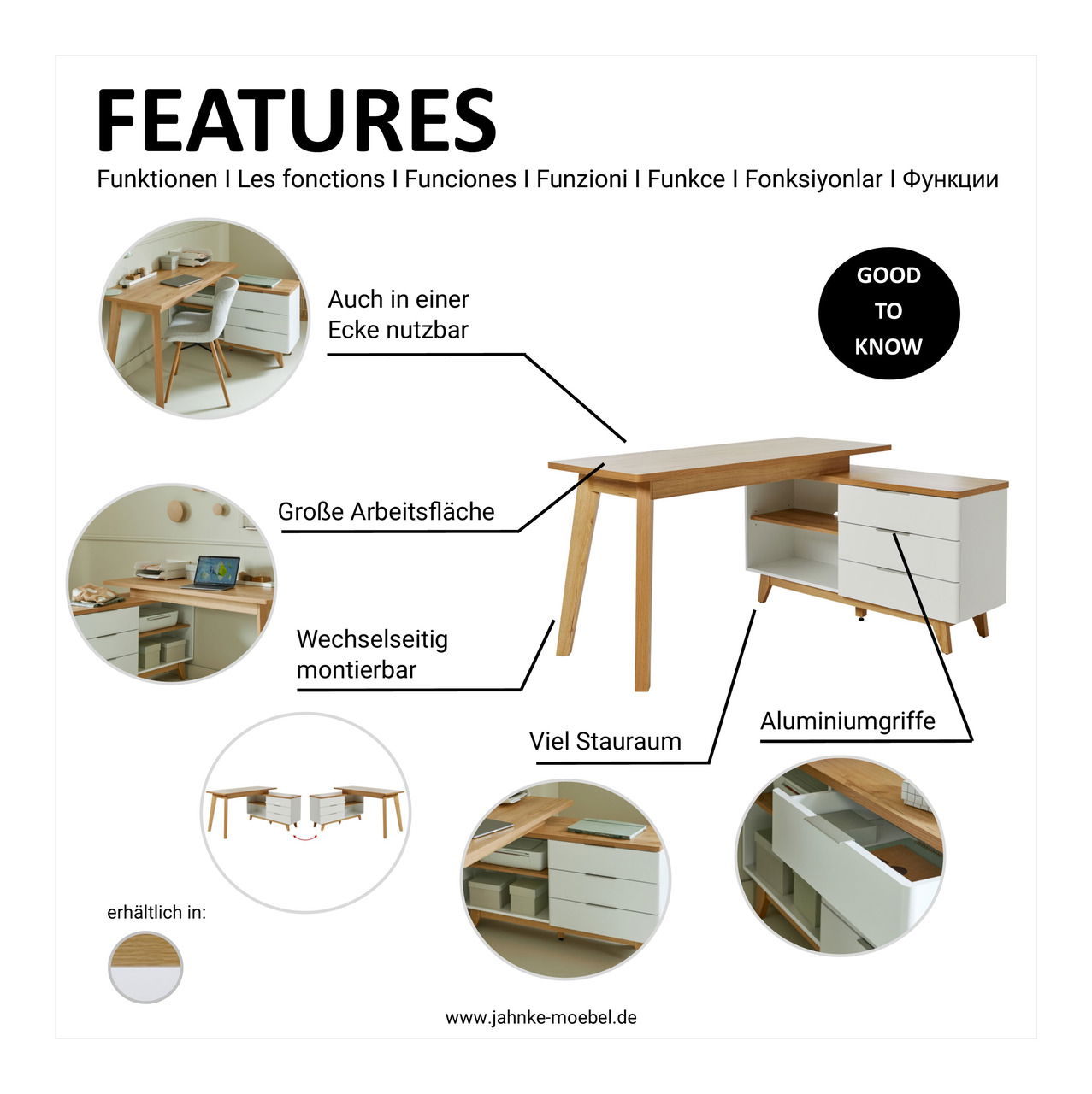 Eck-Schreibtisch mit großer Arbeitsfläche, viel Stauraum und Aluminiumgriffen, aus der Perspektive von vorne rechts.