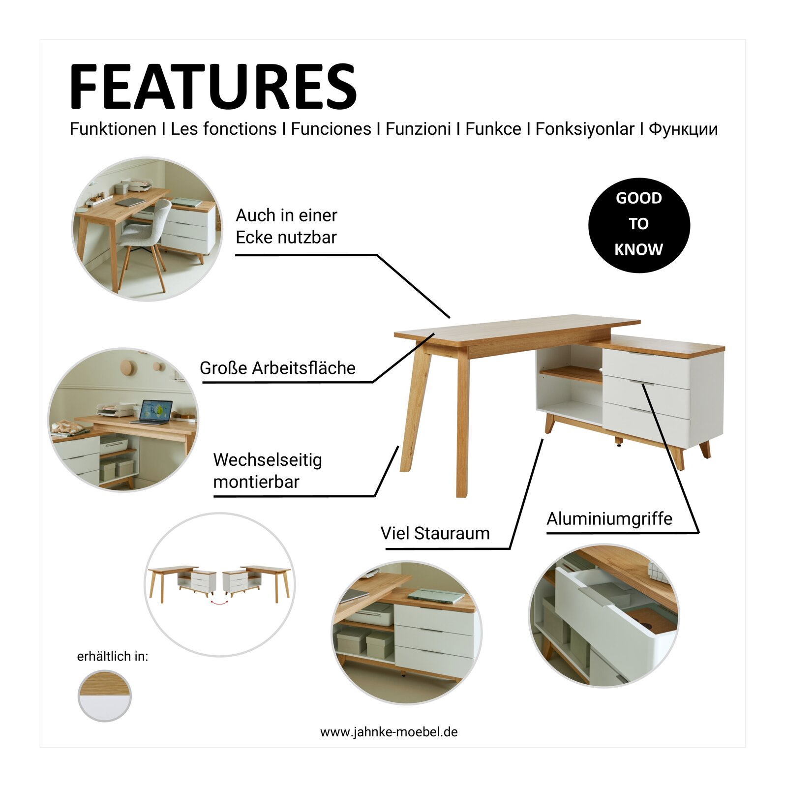 Eck-Schreibtisch mit großer Arbeitsfläche, viel Stauraum und Aluminiumgriffen, aus der Perspektive von vorne rechts.
