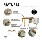 Eck-Schreibtisch mit großer Arbeitsfläche, viel Stauraum und Aluminiumgriffen, aus der Perspektive von vorne rechts.