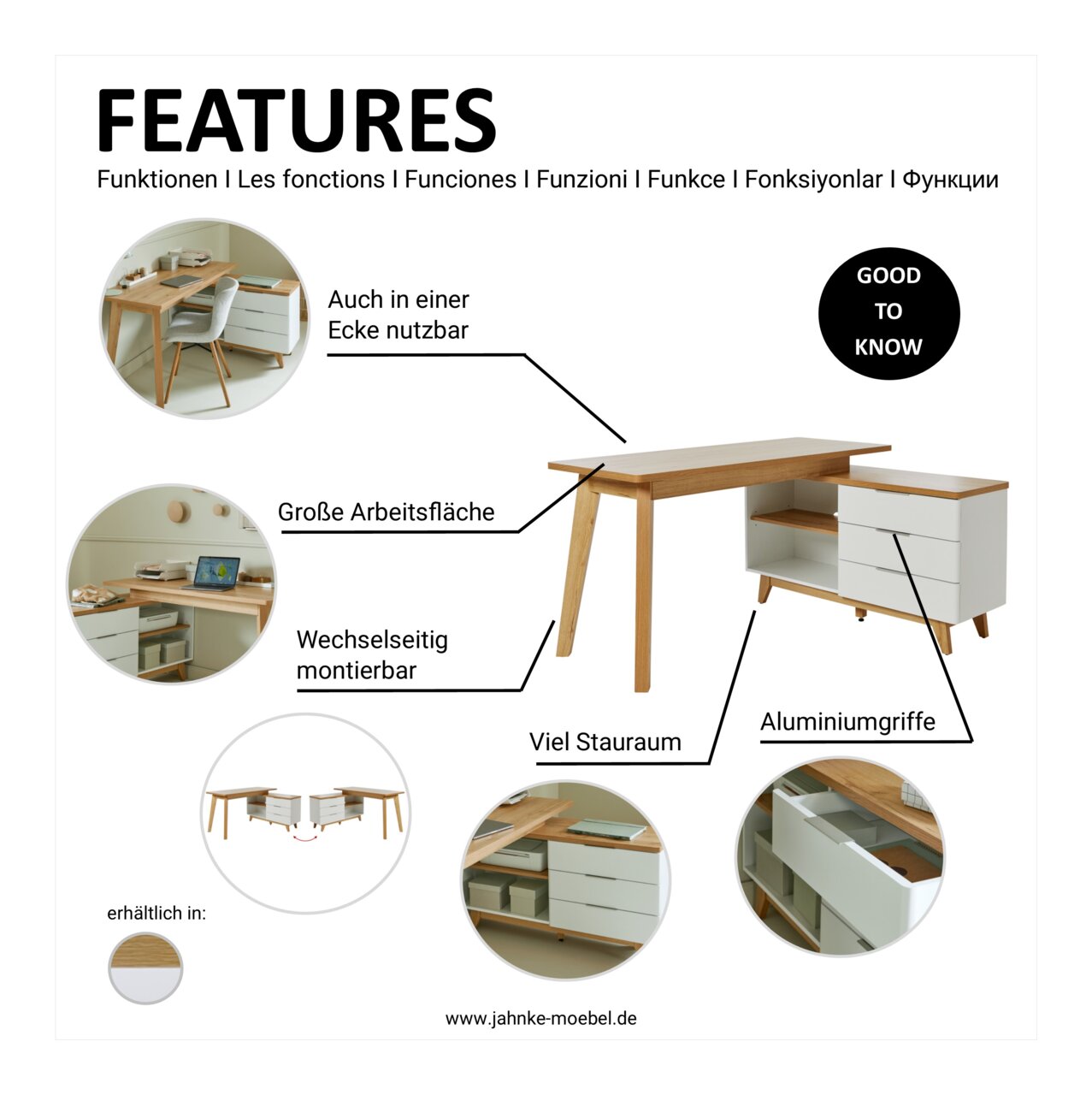 Eck-Schreibtisch mit großer Arbeitsfläche, viel Stauraum und Aluminiumgriffen, aus der Perspektive von vorne rechts.