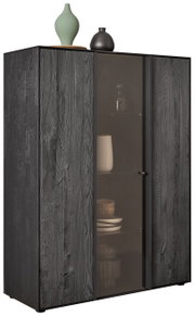 Hochwertiges Highboard in dunkler Holzoptik mit Glastür, dekoriert mit Vasen, seitliche Perspektive