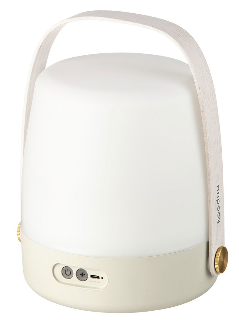 Tragbare LED-Lampe mit Holzgriff, Vorderansicht mit Bedienelementen und USB-Anschluss sichtbar.