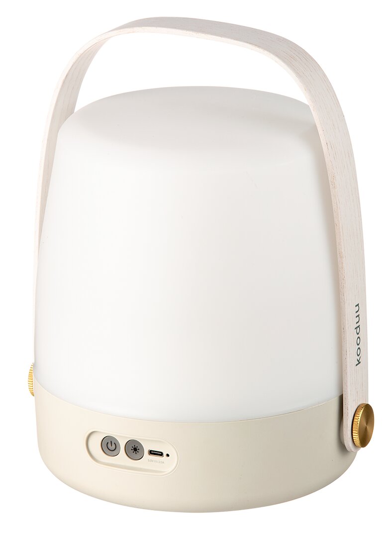 Tragbare LED-Lampe mit Holzgriff, Vorderansicht mit Bedienelementen und USB-Anschluss sichtbar.