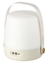 Tragbare LED-Lampe mit Holzgriff, Vorderansicht mit Bedienelementen und USB-Anschluss sichtbar.