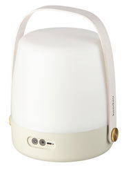 Tragbare LED-Lampe mit Holzgriff, Vorderansicht mit Bedienelementen und USB-Anschluss sichtbar.