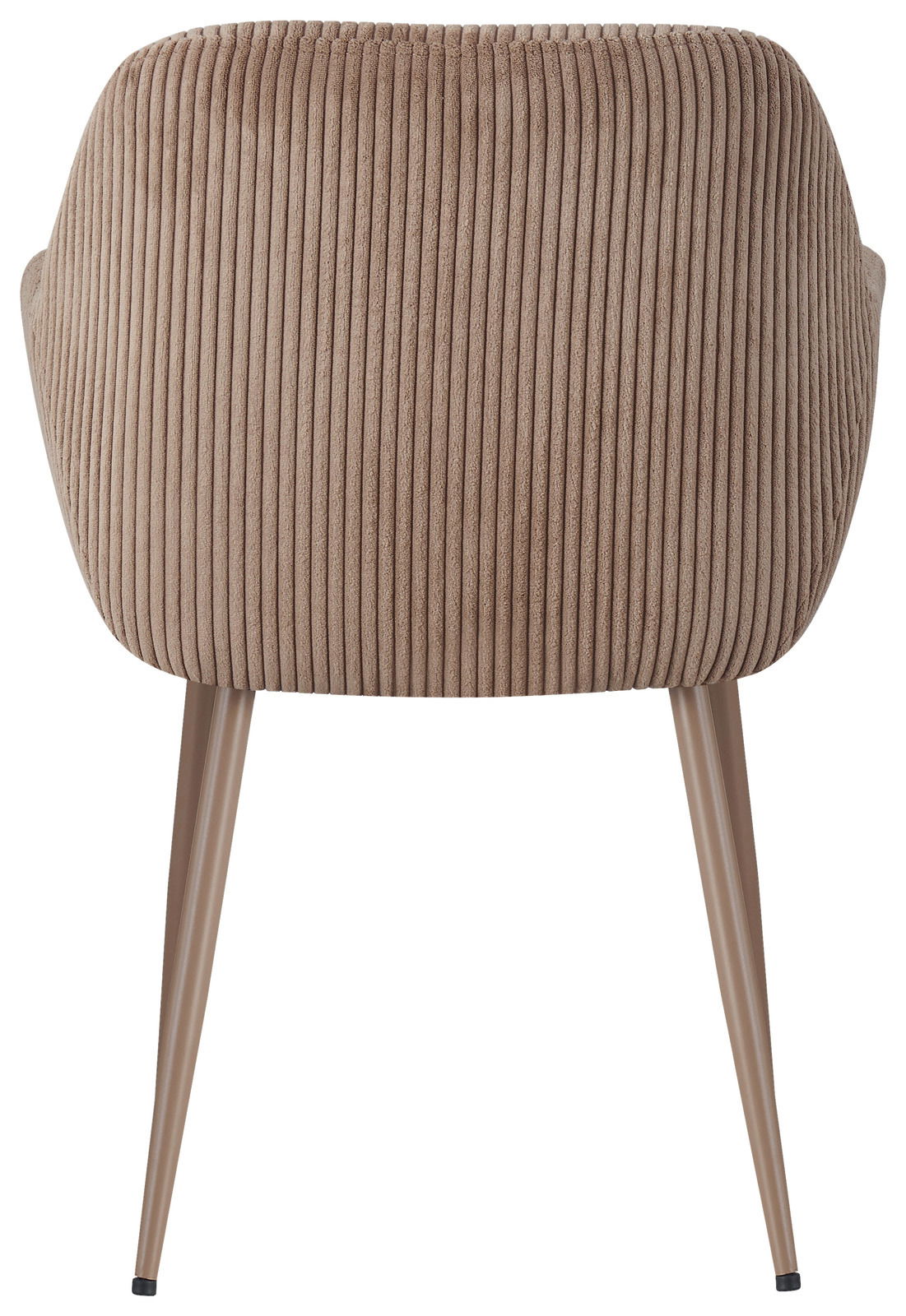 Rückansicht eines Armlehnstuhls mit geripptem Stoffbezug und schlanken, schrägen Beinen.