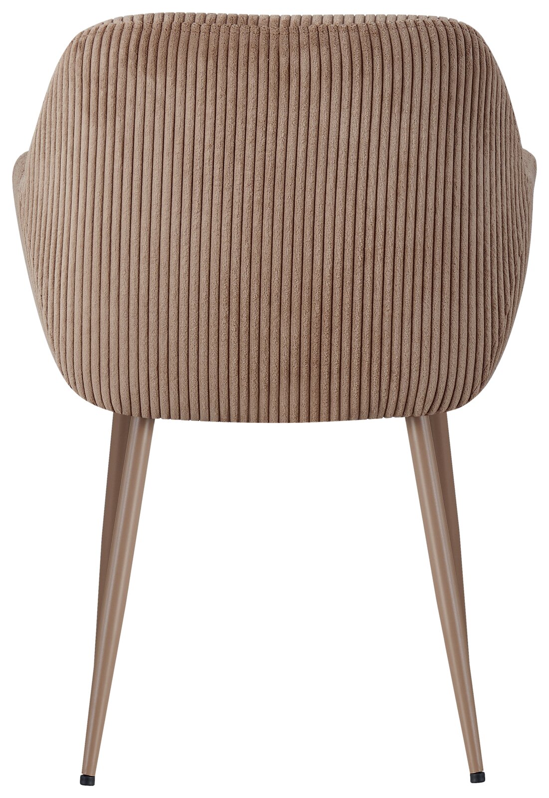 Rückansicht eines Armlehnstuhls mit geripptem Stoffbezug und schlanken, schrägen Beinen.