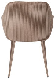 Rückansicht eines Armlehnstuhls mit geripptem Stoffbezug und schlanken, schrägen Beinen.