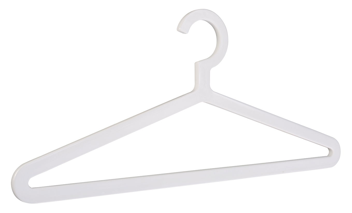 Weißer Kleiderbügel aus Kunststoff, frontal abgebildet