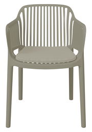 Frontansicht eines modernen Stapelsessels mit Armlehnen und gepolstertem Sitzkissen in neutralem Farbton.