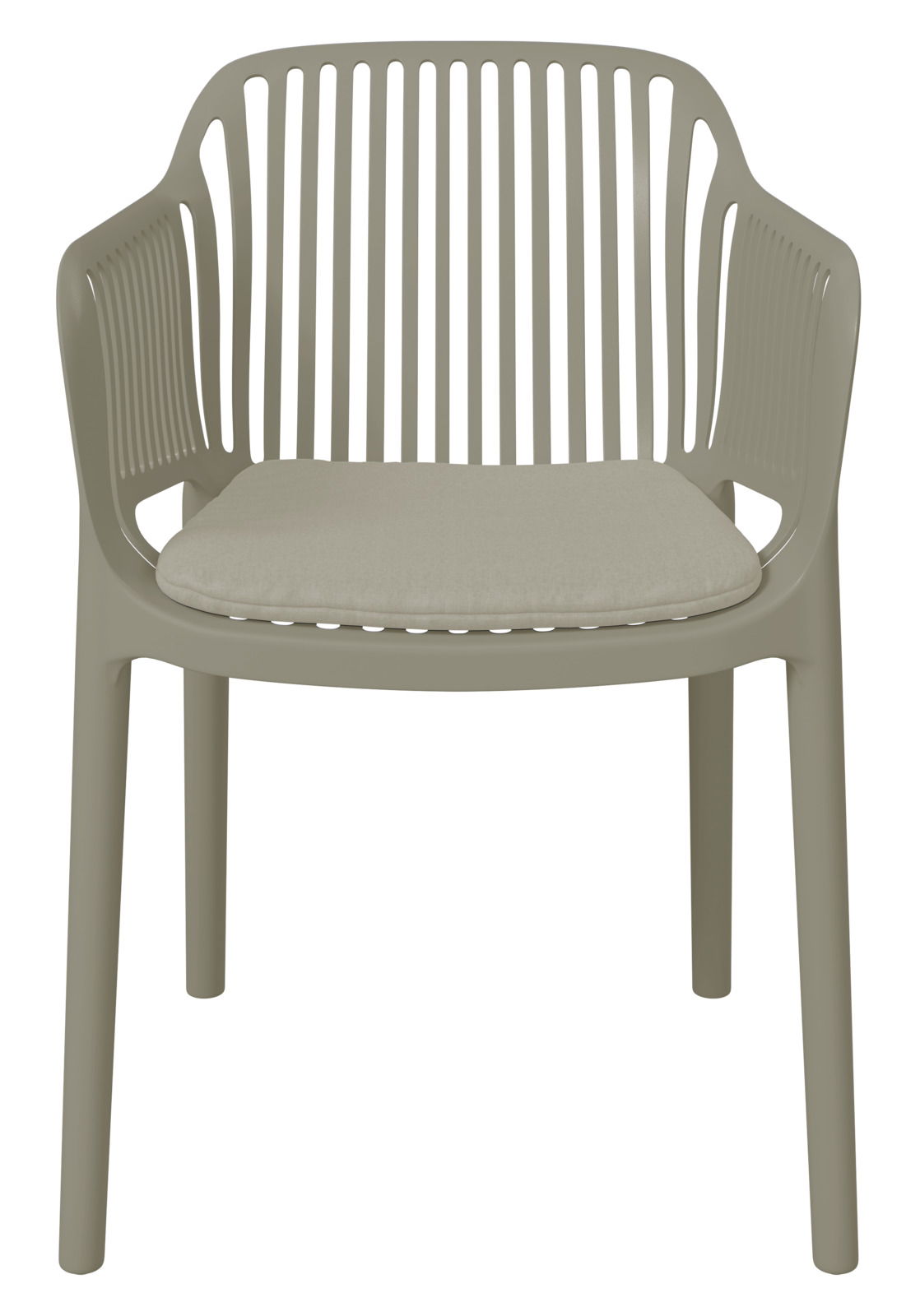 Frontansicht eines modernen Stapelsessels mit Armlehnen und gepolstertem Sitzkissen in neutralem Farbton.