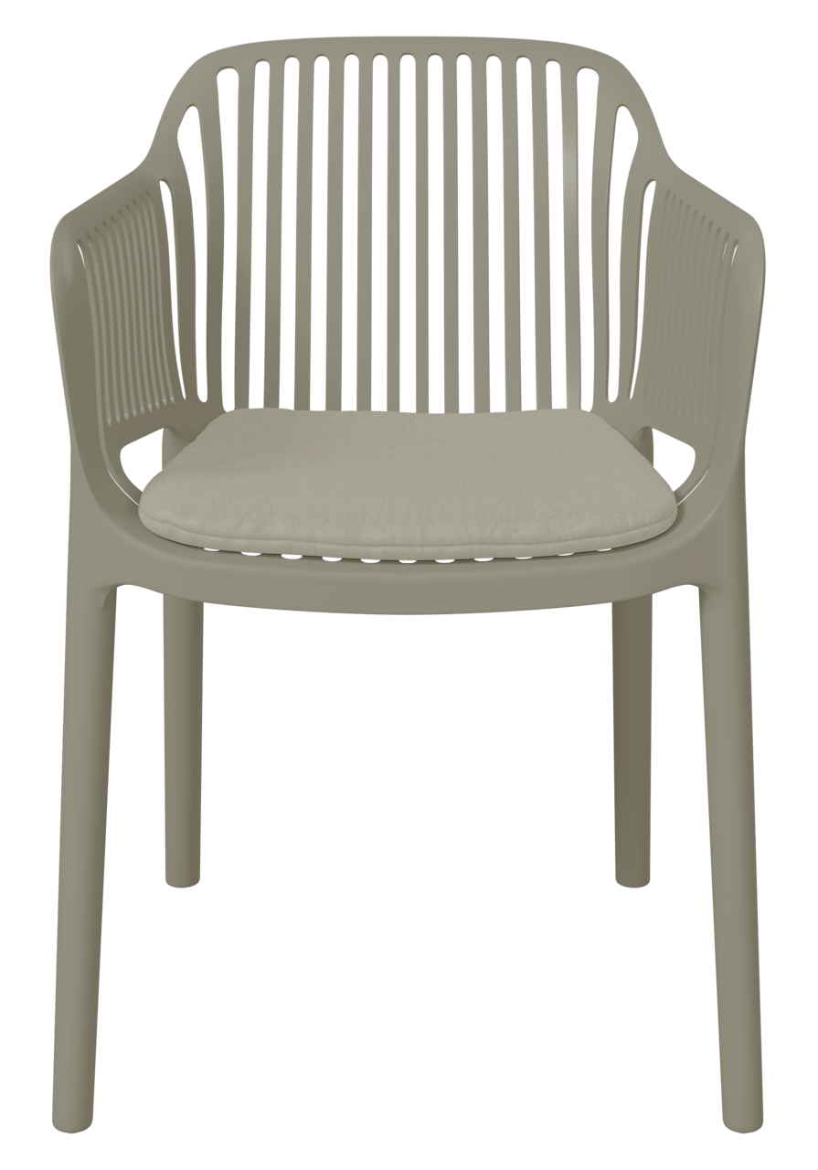 Frontansicht eines modernen Stapelsessels mit Armlehnen und gepolstertem Sitzkissen in neutralem Farbton.