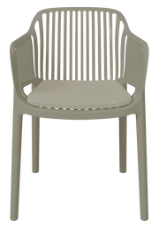 Frontansicht eines modernen Stapelsessels mit Armlehnen und gepolstertem Sitzkissen in neutralem Farbton.