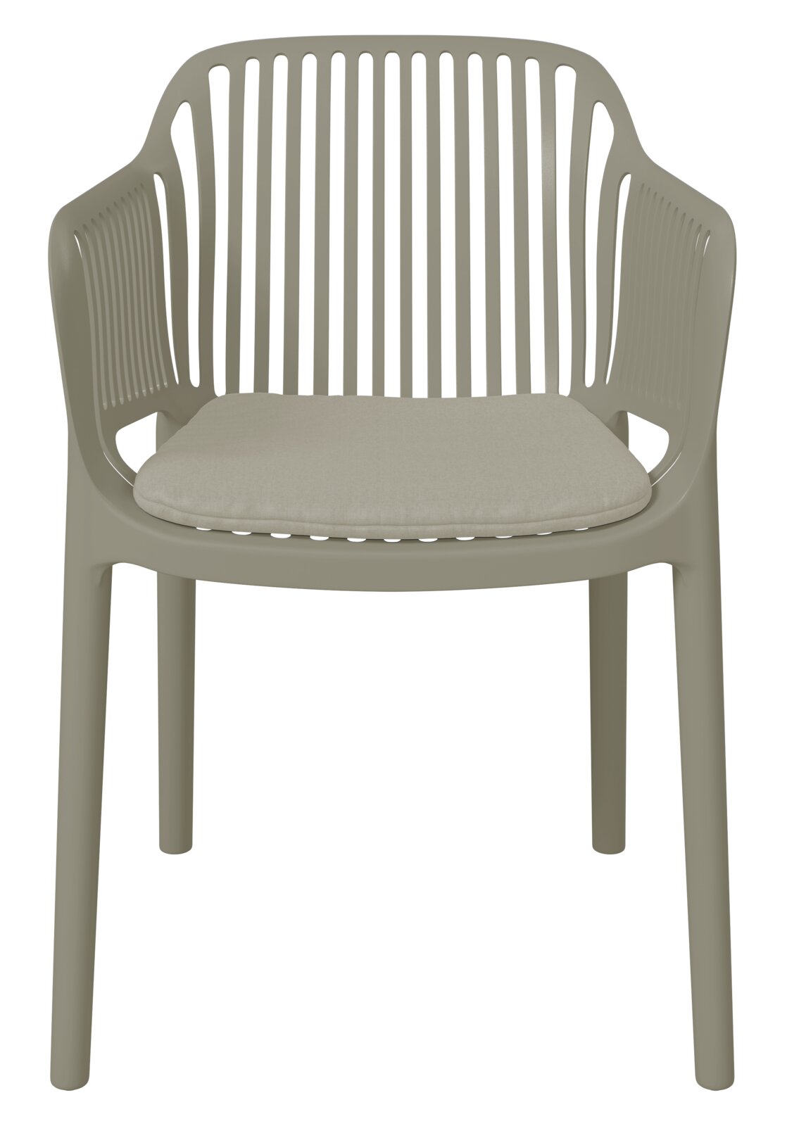 Frontansicht eines modernen Stapelsessels mit Armlehnen und gepolstertem Sitzkissen in neutralem Farbton.