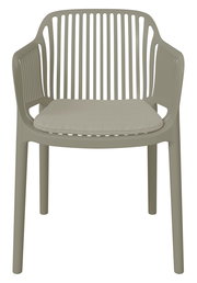 Frontansicht eines modernen Stapelsessels mit Armlehnen und gepolstertem Sitzkissen in neutralem Farbton.