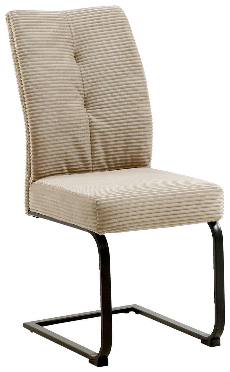 Beiger Schwingstuhl mit gestepptem Stoffbezug und schwarzem Metallgestell, seitliche Perspektive