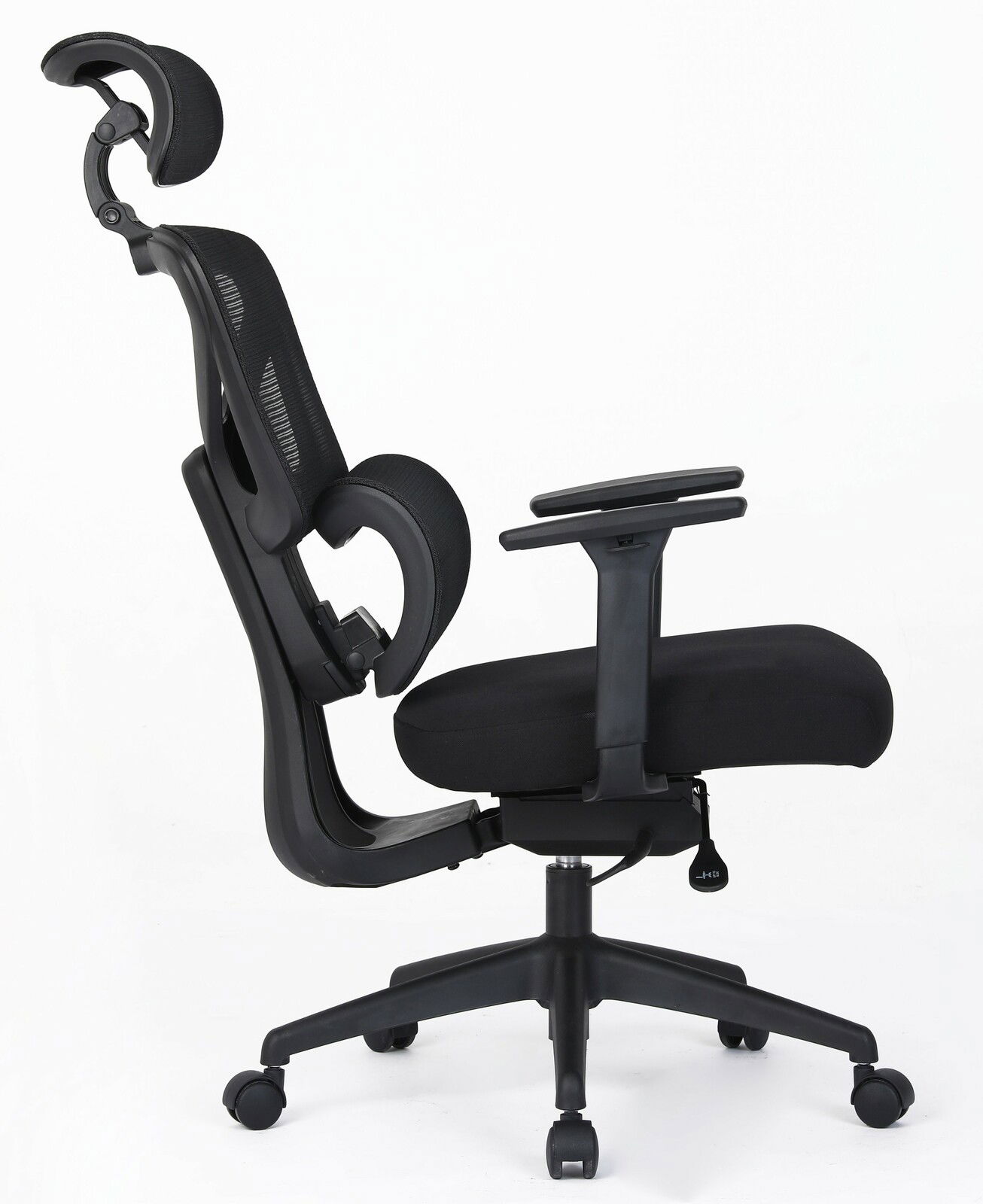 Ergonomischer schwarzer Drehstuhl mit Kopfstütze, Seitenansicht