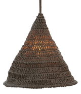Outdoor-Hängeleuchte aus geflochtenem Material in Kegelform, seitliche Perspektive