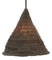 Outdoor-Hängeleuchte aus geflochtenem Material in Kegelform, seitliche Perspektive