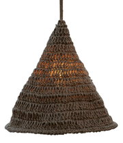 Outdoor-Hängeleuchte aus geflochtenem Material in Kegelform, seitliche Perspektive