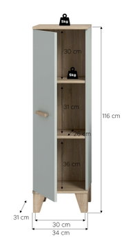 Schmaler Badezimmer-Hochschrank in Grau mit Holzoptik und geöffnetem Türflügel, Innenfächer mit Maßangaben (Höhe 116 cm, Breite 34 cm, Tiefe 31 cm), Vorderansicht leicht schräg von vorn links.
