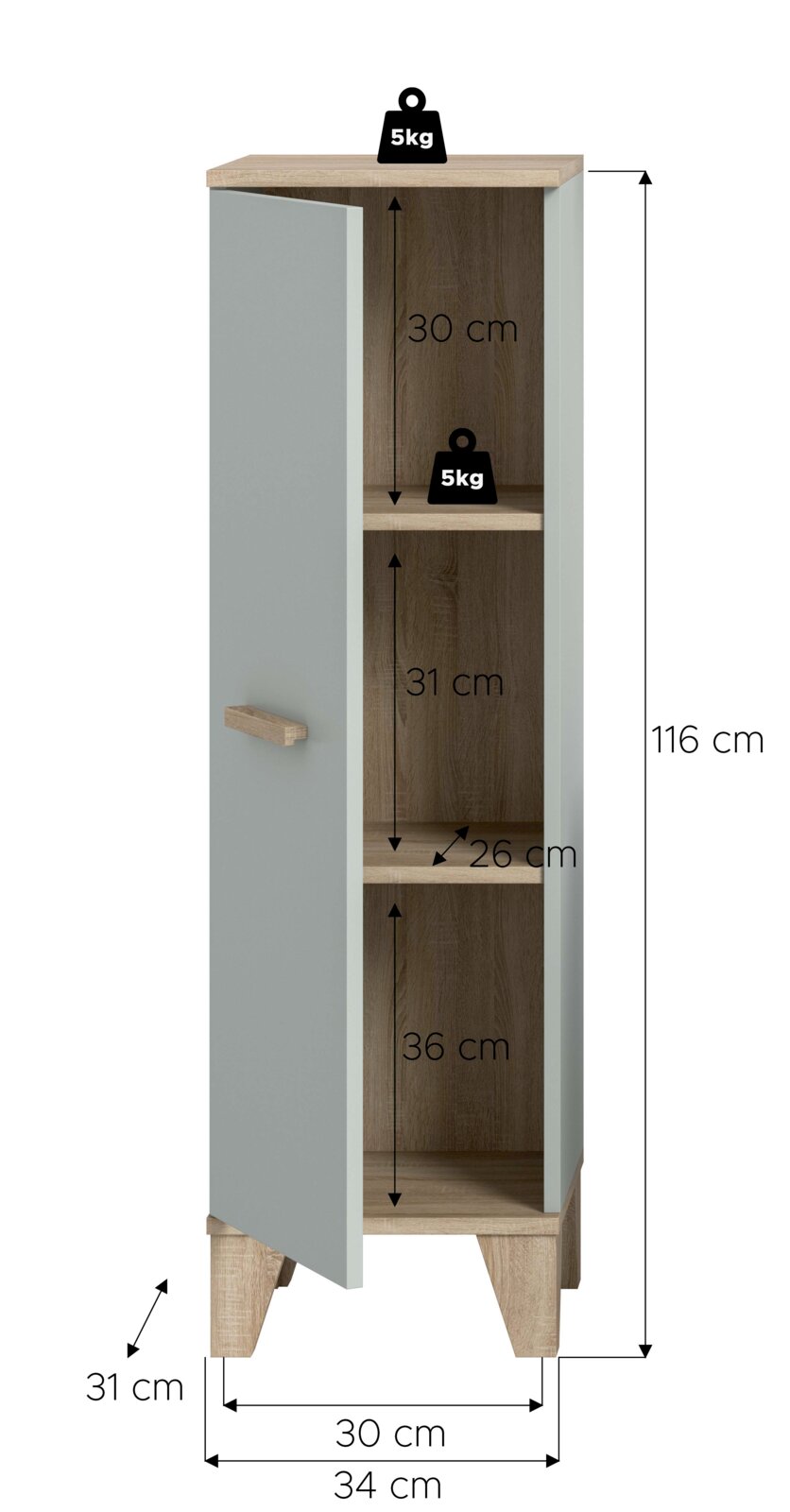 Schmaler Badezimmer-Hochschrank in Grau mit Holzoptik und geöffnetem Türflügel, Innenfächer mit Maßangaben (Höhe 116 cm, Breite 34 cm, Tiefe 31 cm), Vorderansicht leicht schräg von vorn links.