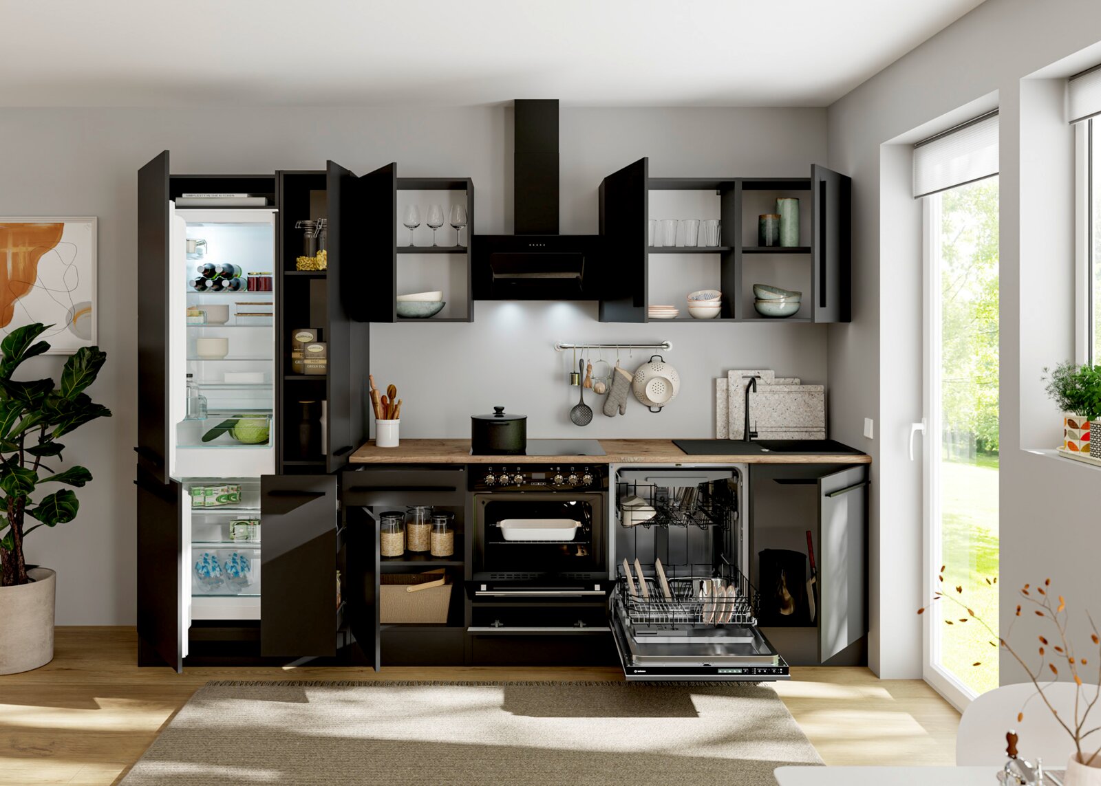 Moderne matzwarte inbouwkeuken met openstaande kastdeuren, ingebouwde koelkast, oven, afzuigkap en open vaatwasser; frontaal aanzicht op ooghoogte.