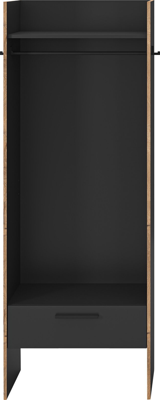 Offener Kleiderschrank in Schwarz mit Holzseiten, Kleiderstange und unterer Schublade, Frontansicht