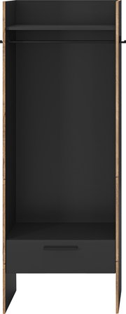 Offener Kleiderschrank in Schwarz mit Holzseiten, Kleiderstange und unterer Schublade, Frontansicht