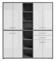 Moderner, hoher Aktenschrank mit weißen Türen und offenen Regalfächern, Frontalansicht