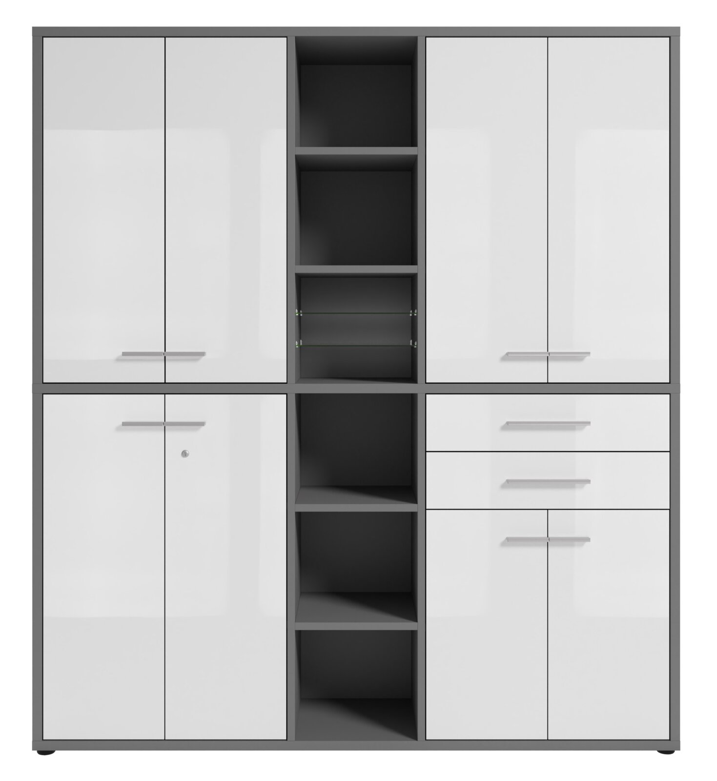Moderne, hoge archiefkast met witte deuren en open legplanken, vooraanzicht