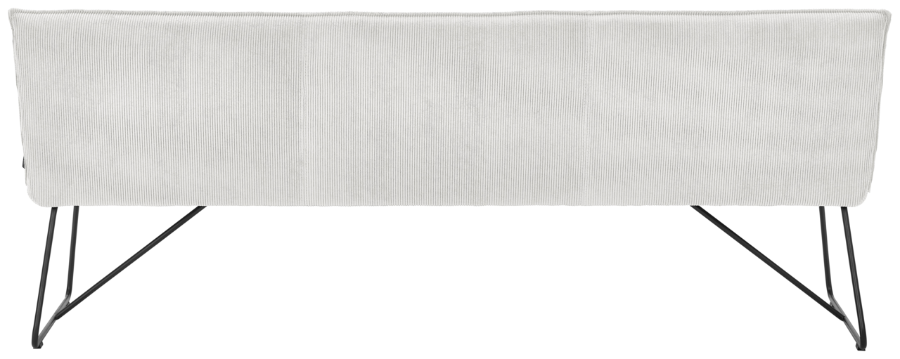 Rückansicht einer modernen Sitzbank mit hellem Stoffbezug und schwarzen Metallbeinen.