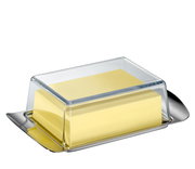 Butterdose COMPACT aus Edelstahl mit transparentem Deckel, seitliche Perspektive