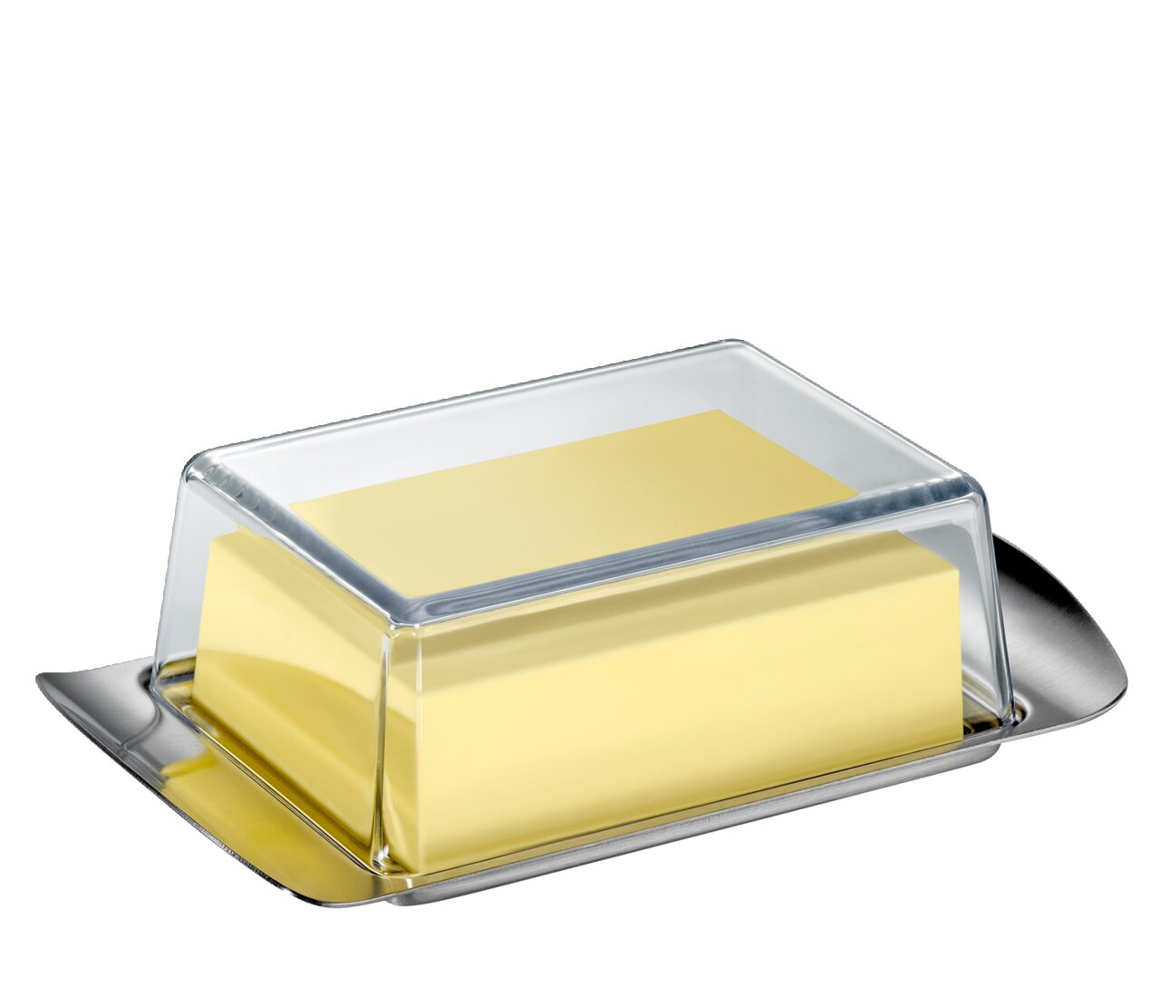 Butterdose COMPACT aus Edelstahl mit transparentem Deckel, seitliche Perspektive
