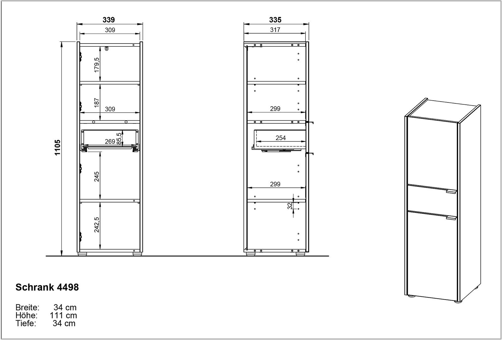 Schrank 4498, perspektivische Ansicht, Maße: Breite 34 cm, Höhe 111 cm, Tiefe 34 cm