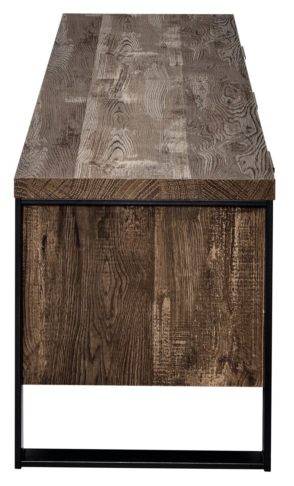 TV-Möbel aus Holz mit Metallrahmen, Ansicht von der Seite