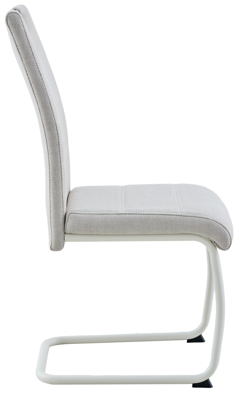 Gepolsterter Freischwinger-Stuhl mit hellgrauem Stoffbezug und weißem Metallgestell, Seitenansicht von links vor weißem Hintergrund