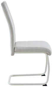 Gepolsterter Freischwinger-Stuhl mit hellgrauem Stoffbezug und weißem Metallgestell, Seitenansicht von links vor weißem Hintergrund