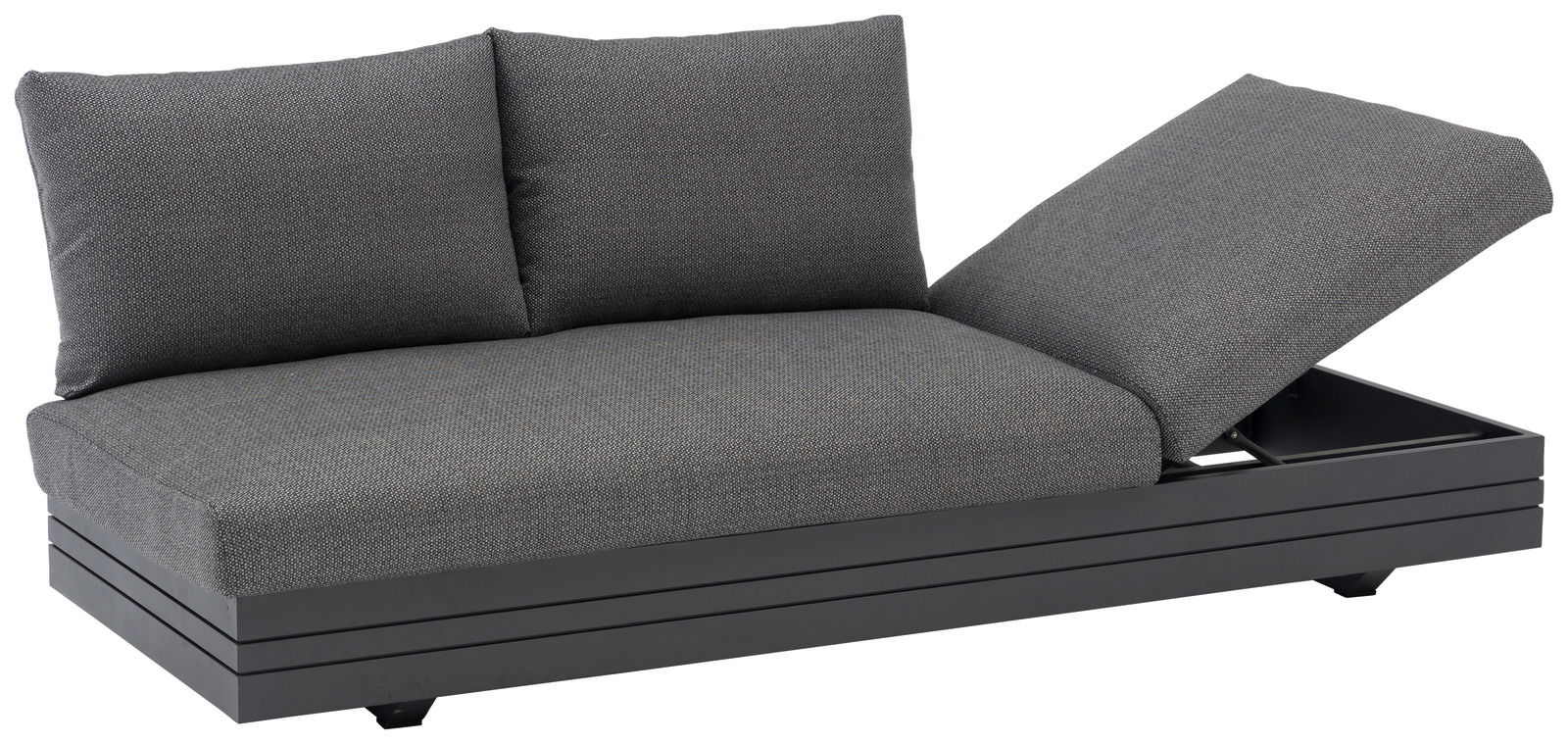 Graues 3-Sitzer Loungeelement mit verstellbarer Rückenlehne, seitliche Perspektive