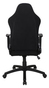 Rückansicht eines schwarzen Gaming-Stuhls mit ergonomischem Design und Rollen.