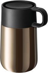Impulse Travel Mug 0,3l Cromar aus seitlicher Perspektive, mit schwarzem Deckel und Henkel, glänzende Oberfläche