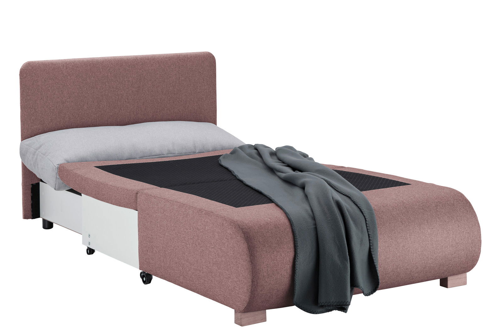 Funktionssessel in Liegeposition mit rosafarbenem Stoffbezug, grauem Kissen und Decke, seitliche Perspektive