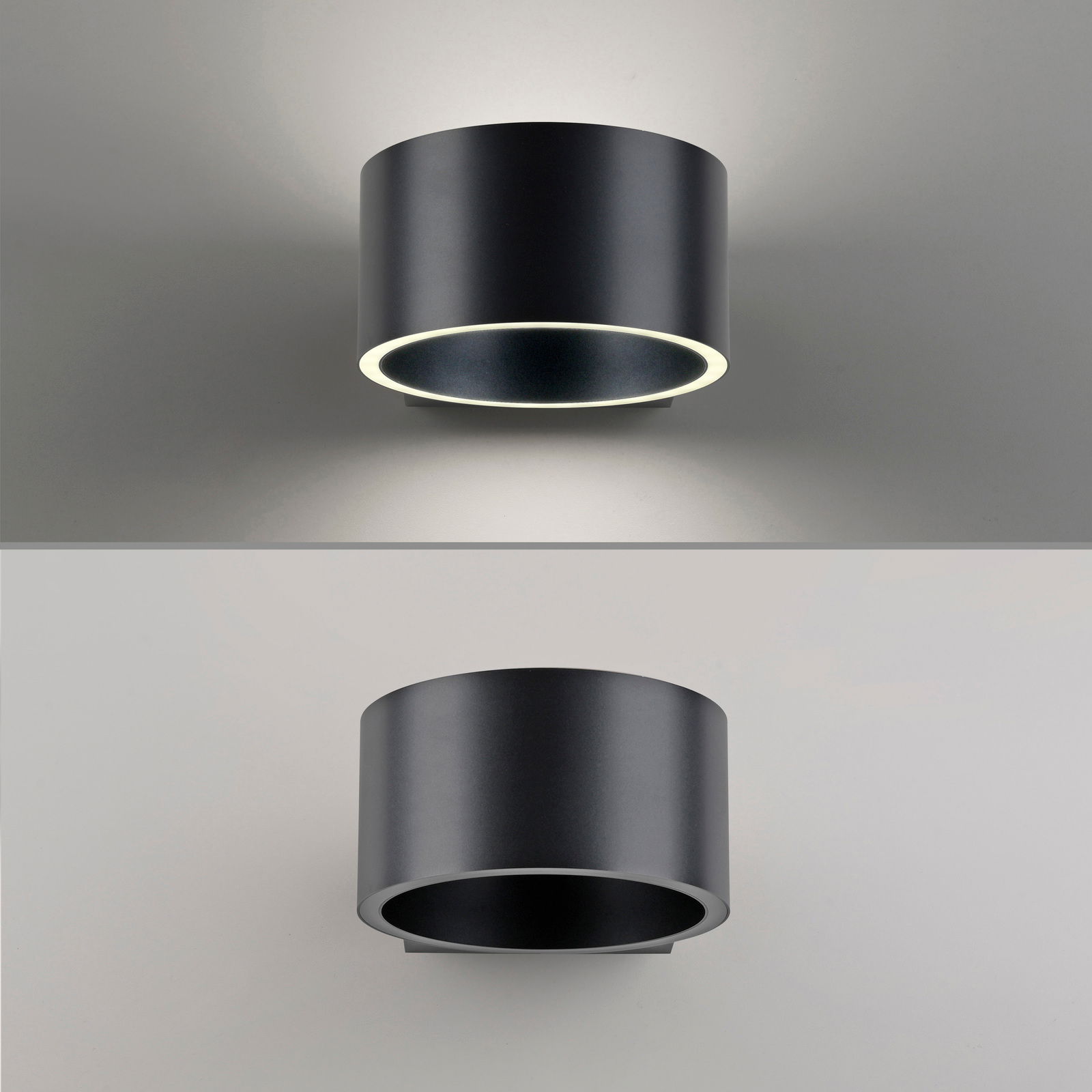 Moderne schwarze Wandleuchte PURE CLIPSE von Paul Neuhaus, zylindrische Form, Ansicht von vorne und unten, leuchtet nach oben und unten.