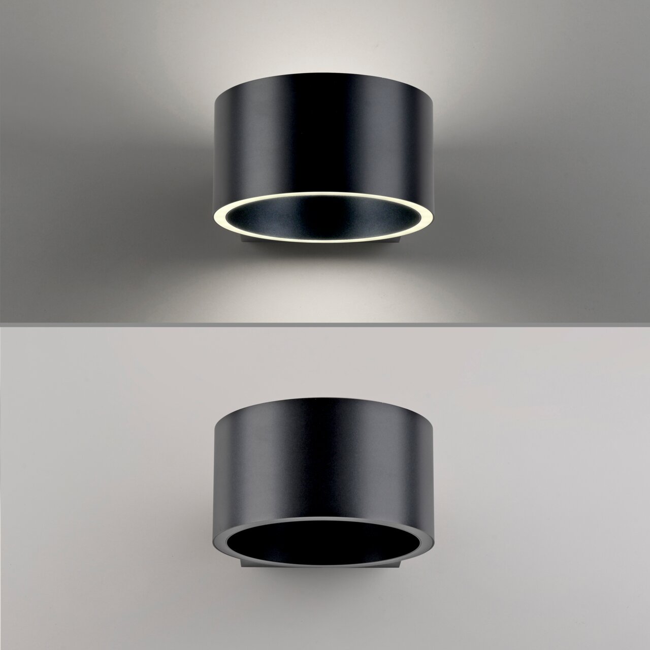Moderne zwarte wandlamp PURE CLIPSE van Paul Neuhaus, cilindrische vorm, gezien van voren en van onderen, schijnt naar boven en naar beneden.