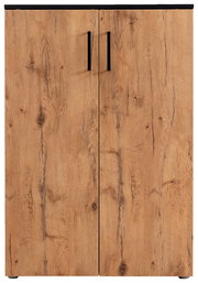 Schuhschrank aus Holz mit zwei Türen und schwarzen Griffen, Frontalansicht