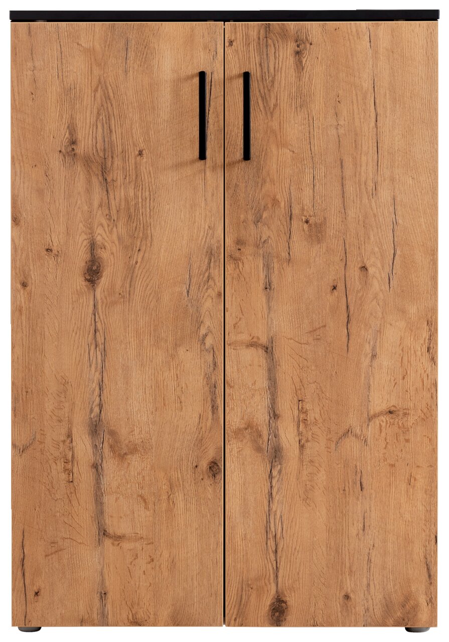 Schuhschrank aus Holz mit zwei Türen und schwarzen Griffen, Frontalansicht